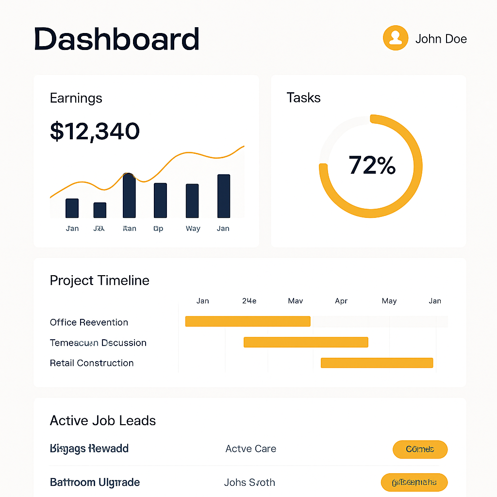 A modern contractor dashboard showing analytics, project timelines, and active job leads