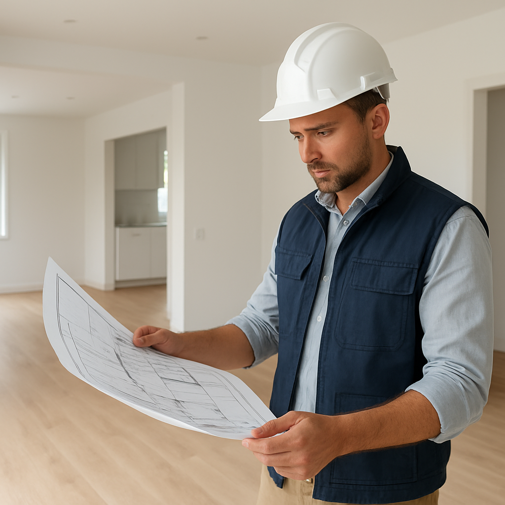 A professional reviewing blueprints inside a bright modern home renovation